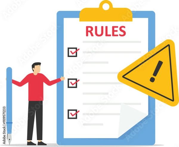 Fototapeta Businessman finish writing rules and regulations document. Rules and regulations, policy and guideline for employee to follow, legal term, corporate compliance or laws, standard procedure concept.

