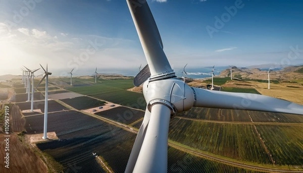 Fototapeta 거대한 터빈 블레이드가 회전하며 풍력을 생산하는 풍력발전기 단지