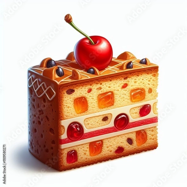 Fototapeta Fruitcake A slice of fruitcake with a cherry on top isolated on