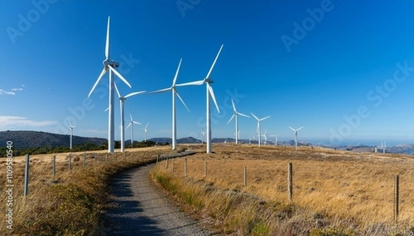 Fototapeta 거대한 터빈 블레이드가 회전하며 풍력을 생산하는 풍력발전기 단지