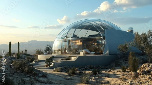 Fototapeta A futuristic dome-shaped home with a glass structure, surrounded by a desert landscape, against a backdrop of mountains and a sky with soft clouds.
