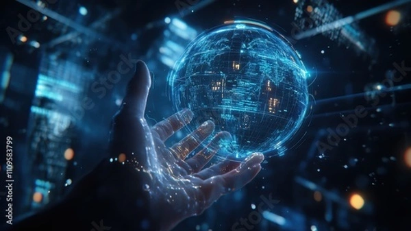 Fototapeta A hand reaches out to a glowing, holographic globe in a futuristic, digital environment, symbolizing technology and connectivity.