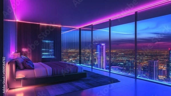 Fototapeta A modern bedroom with vibrant neon lighting and a panoramic city view, creating a cozy yet stylish atmosphere.