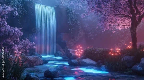 Fototapeta A serene waterfall surrounded by glowing flowers and vibrant foliage, creating a magical, illuminated landscape.