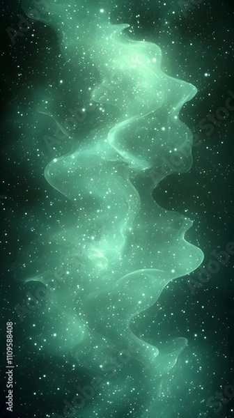 Fototapeta Abstract wispy green nebula-like patterns with sparkling dots and glowing highlights on a dark green background