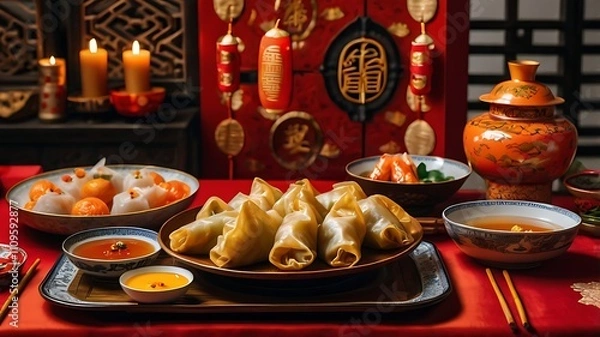 Fototapeta Traditional Lunar New Year Feast Table with Festive Dishes