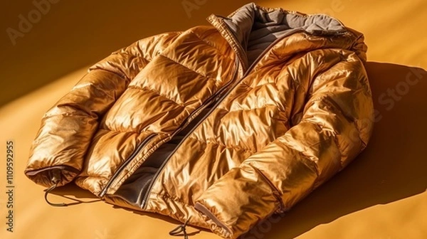 Fototapeta Yellow down jacket on a yellow background. Close-up view.