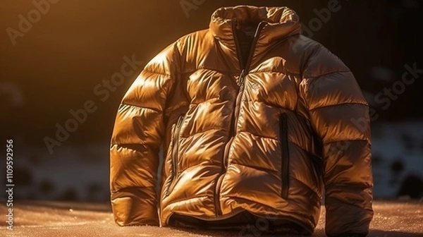 Fototapeta Winter jacket on the snow on the background of the setting sun.