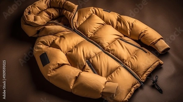Fototapeta Yellow down jacket on a brown background. Shallow depth of field.
