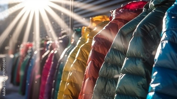 Fototapeta Close-up of a row of multicolored winter jackets in the sun
