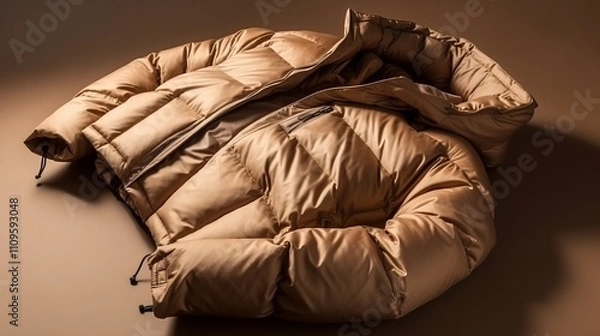Fototapeta Close-up of a beige down jacket on a brown background
