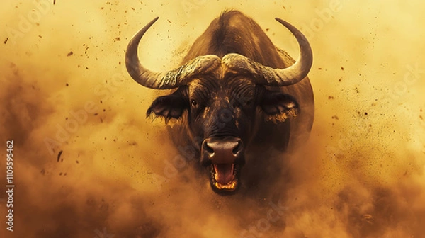 Fototapeta A buffalo under a fiery orange sky, surrounded by dust and showcasing its powerful build, with its sharp horns reflecting light dramatically.


