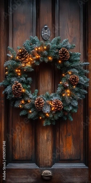 Fototapeta A beautiful New Year wreath on a rustic wooden door, adorned with pinecones and fairy lights, captured in stunning close-up detail.