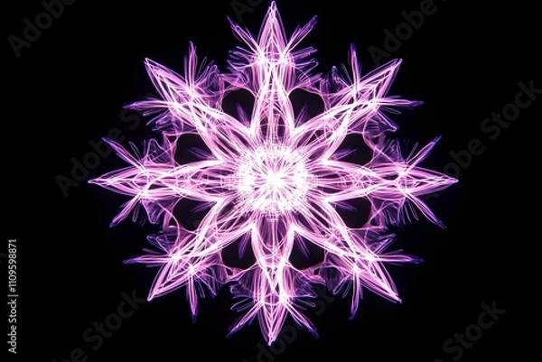 Fototapeta Vivid neon light trails intertwining to shape sparkling snowflake decorations against a black backdrop.