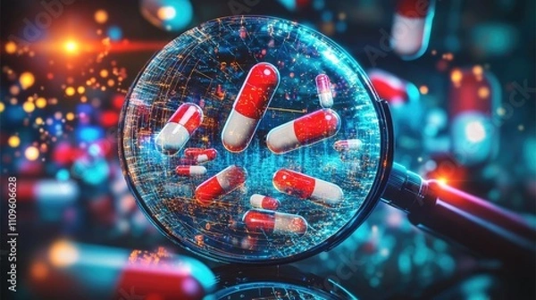 Fototapeta Researching pharmacology of tablet pills in a digital environment with magnifying glass
