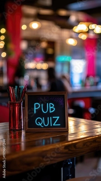Fototapeta Bar table with chalkboard sign "PUB QUIZ"