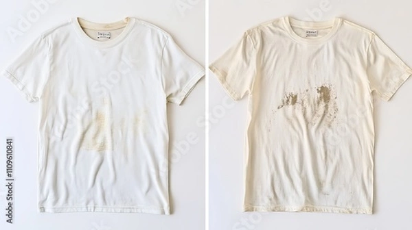Fototapeta Comparison of White T-shirt Before and After Treatment

This side-by-side image shows a white t-shirt before and after treatment with laundry detergent or bleach