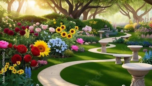 Fototapeta : A serene and vibrant garden with a diverse array of colorful flowers,