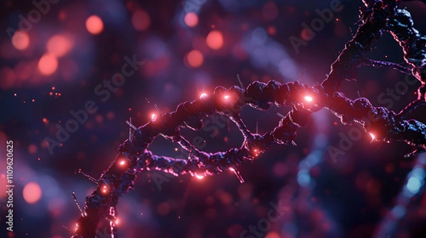 Fototapeta A vibrant and glowing red DNA strand with purple highlights in a cosmic-inspired background, symbolizing evolution and future genetics.

