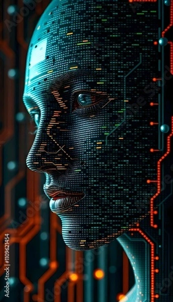 Fototapeta A pixelated abstract face blending human features with glitch effects, merging into lines of code, set against a glowing circuitry background.