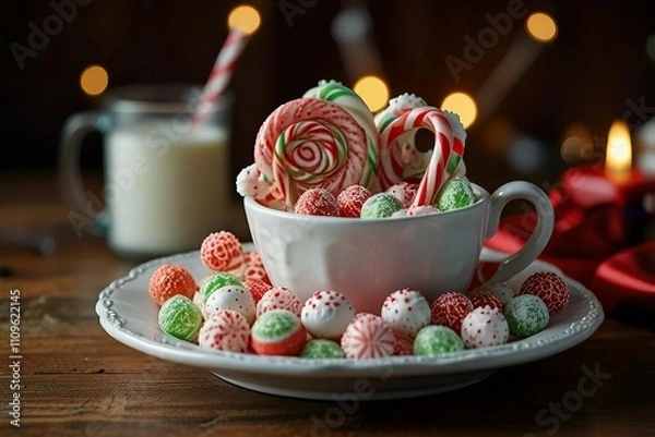 Fototapeta A festive display of colorful Christmas candies, toffees, chocolates, and sugar canes, capturing the sweet spirit of Christmas cheer.