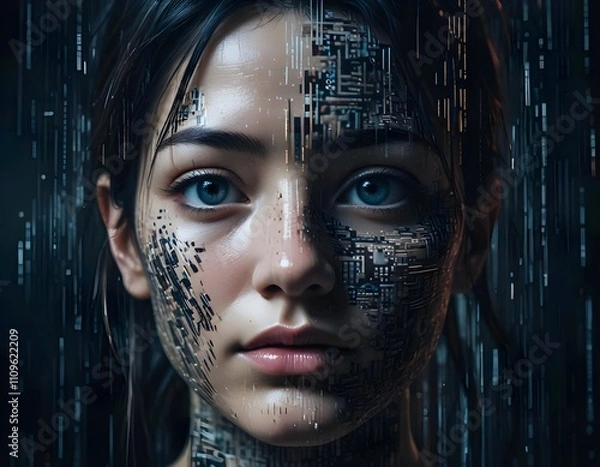 Fototapeta A pixelated abstract face blending human features with glitch effects, merging into lines of code, set against a glowing circuitry background.