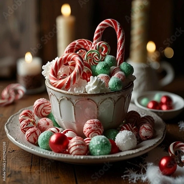 Fototapeta A festive display of colorful Christmas candies, toffees, chocolates, and sugar canes, capturing the sweet spirit of Christmas cheer.