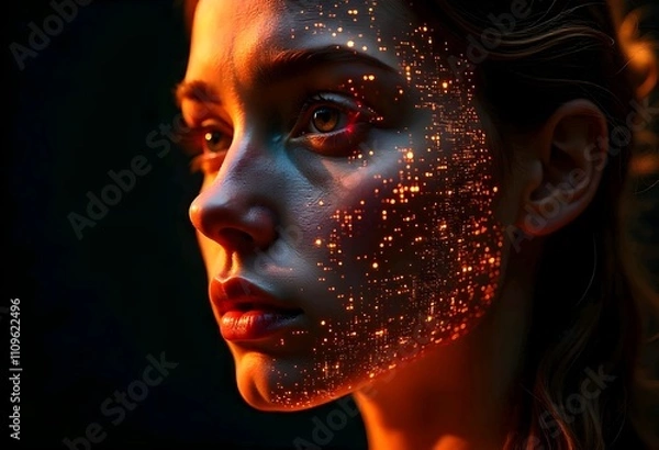 Fototapeta A pixelated abstract face blending human features with glitch effects, merging into lines of code, set against a glowing circuitry background.