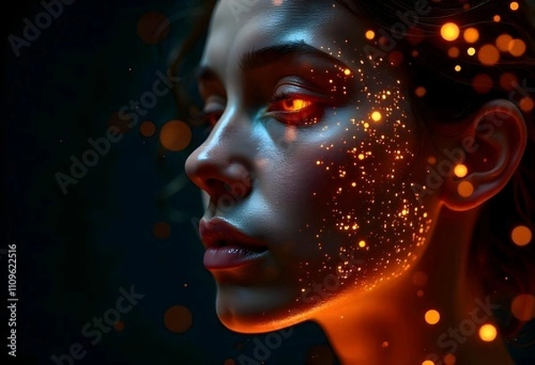 Fototapeta A pixelated abstract face blending human features with glitch effects, merging into lines of code, set against a glowing circuitry background.