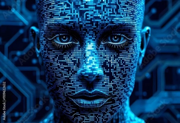 Fototapeta A pixelated abstract face blending human features with glitch effects, merging into lines of code, set against a glowing circuitry background.