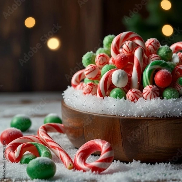 Fototapeta A festive display of colorful Christmas candies, toffees, chocolates, and sugar canes, capturing the sweet spirit of Christmas cheer.