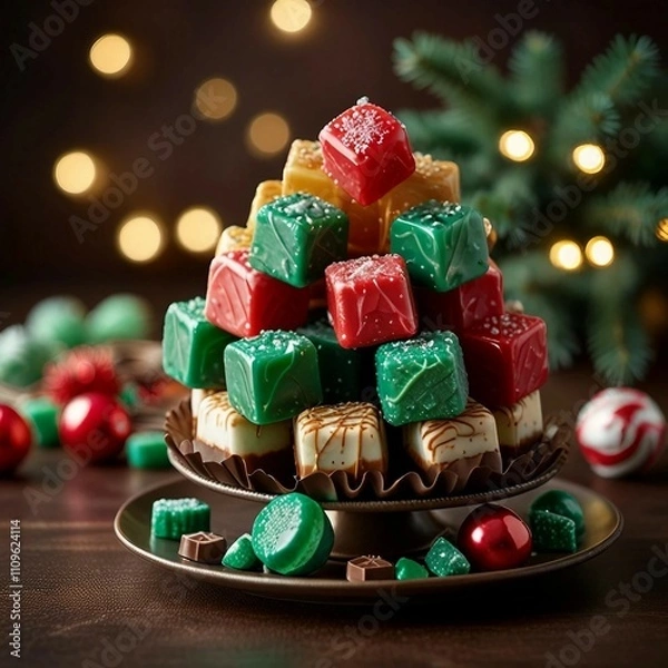Fototapeta A festive display of colorful Christmas candies, toffees, chocolates, and sugar canes, capturing the sweet spirit of Christmas cheer.
