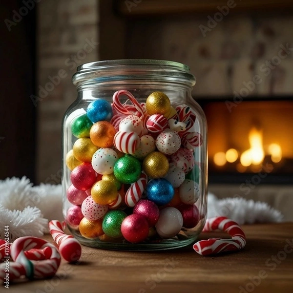 Fototapeta A festive display of colorful Christmas candies, toffees, chocolates, and sugar canes, capturing the sweet spirit of Christmas cheer.