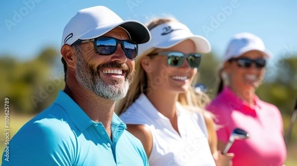 Obraz A diverse group of smiling golfers enjoy a beautiful sunny day on the golf course, showcasing camaraderie and joy. The vibrant colors enhance the lively atmosphere.