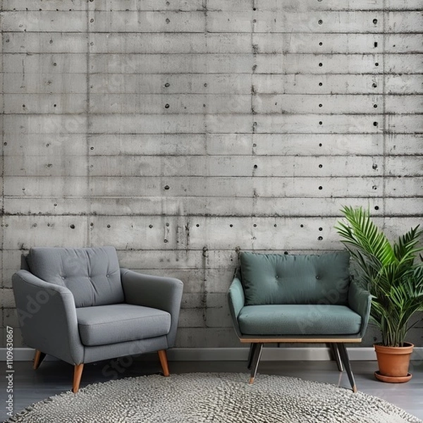 Fototapeta Stylish interior of living room with comfortable furniture. Chairs, table with green plants in a pot, round carpet on the floor, white walls. Modern interior design with gray furniture.