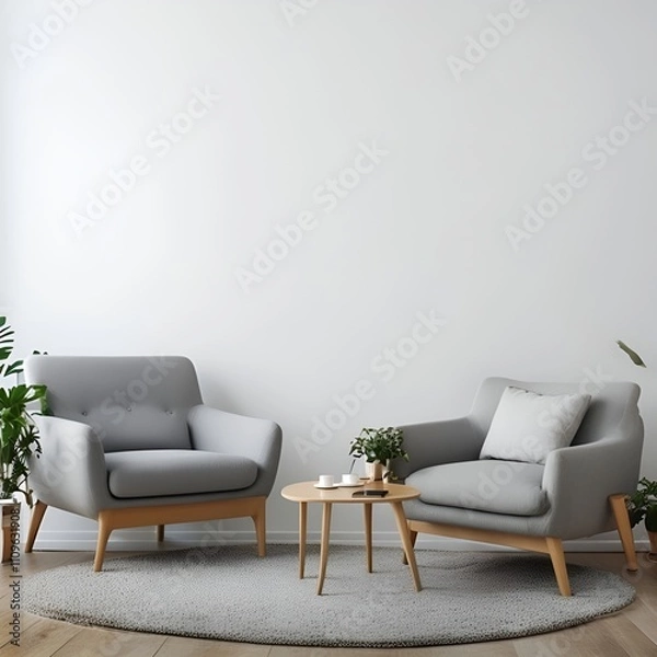 Fototapeta Stylish interior of living room with comfortable furniture. Chairs, table with green plants in a pot, round carpet on the floor, white walls. Modern interior design with gray furniture.