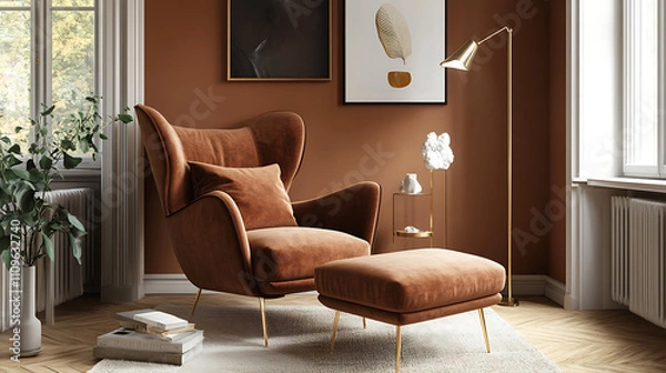 Fototapeta A brown chair with a footstool is in a room with a brown wall