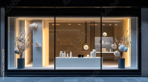 Fototapeta Chic storefront display featuring luxury cosmetics, minimalist design