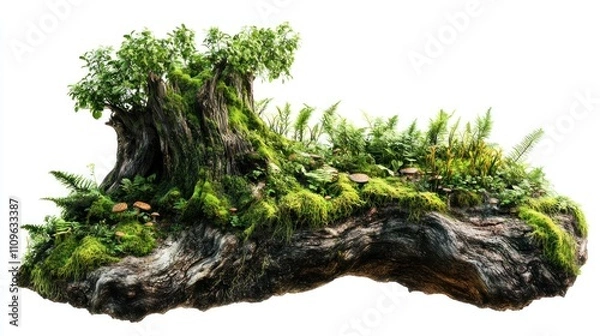 Fototapeta Vibrant Forest Scene Depicting Ancient Tree Stump Surrounded by Lush Greenery, Ferns, and Colorful Mushrooms in a Peaceful Natural Environment