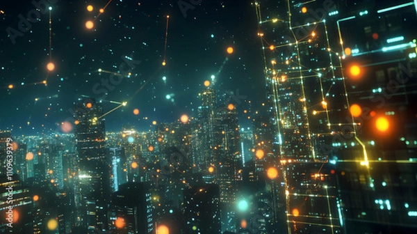 Fototapeta A glowing cityscape with green and orange digital lights, symbolizing urban technological innovation.