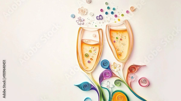 Fototapeta Quilling wedding card with champagne glasses surrounded by colorful flowers and sparkles