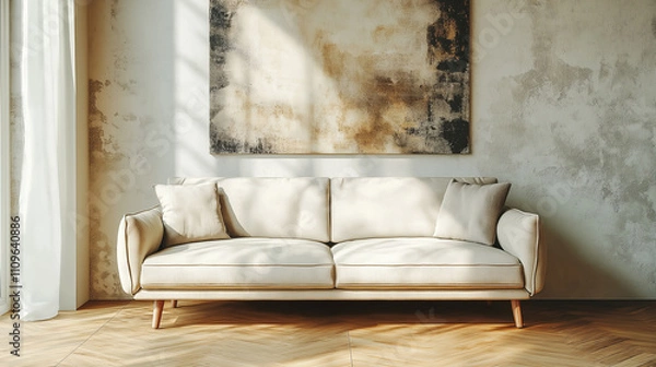 Fototapeta A minimalistic modern cream-colored sofa with two cushions against a textured wall and wooden floor