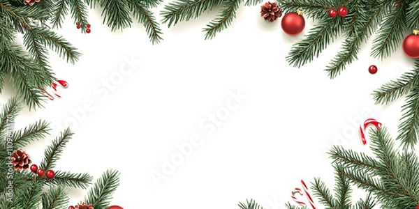 Obraz Christmas Pine Branches and Red Ornaments Frame