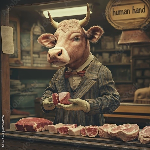 Obraz Anthropomorphic cow in vintage suit standing behind a butcher's counter examining raw meat in a surreal and ironic scene