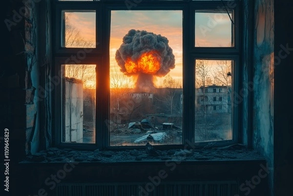 Obraz Dramatic view through a broken window of a fiery explosion against the backdrop of a sunset in a deserted area