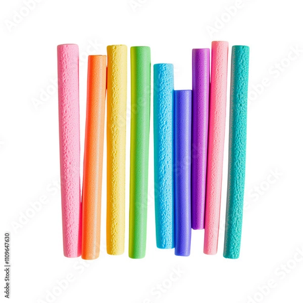 Fototapeta Artistic Arrangement of Multicolored Pool Noodles with Realistic Textures on White Background