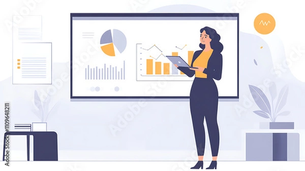 Obraz A woman is standing in front of a large screen with a presentation on it