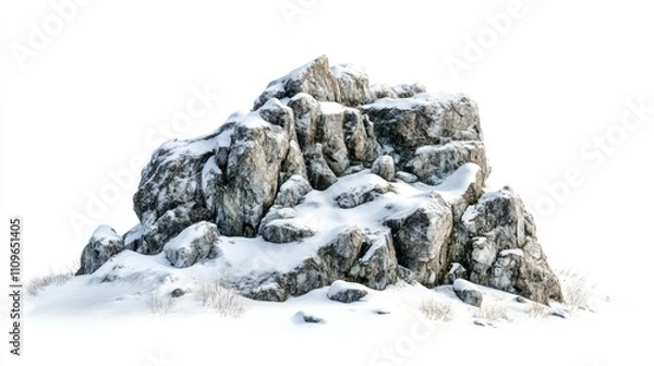 Obraz Snow-Covered Rock Formation in a Winter Landscape with a White Background, Highlighting Textures and Layers of Stone Surrounded by Soft Snow