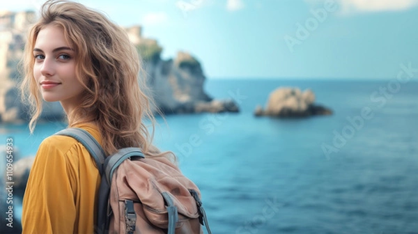 Fototapeta Retro portrait of a woman with a backpack by the sea in Messina, adventurecore style.
