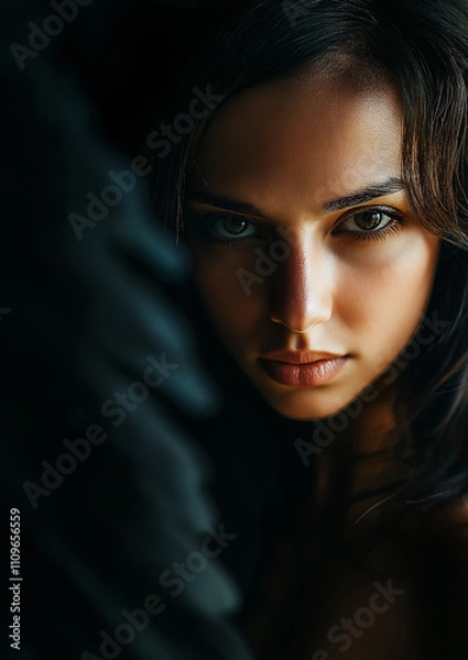 Obraz Close-up of a woman expressing depression with piercing gaze and dark background